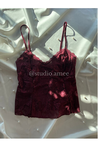 Amee Studio Kadın Bordo Alt ve Üst Dantelli Gecelik Takımı
