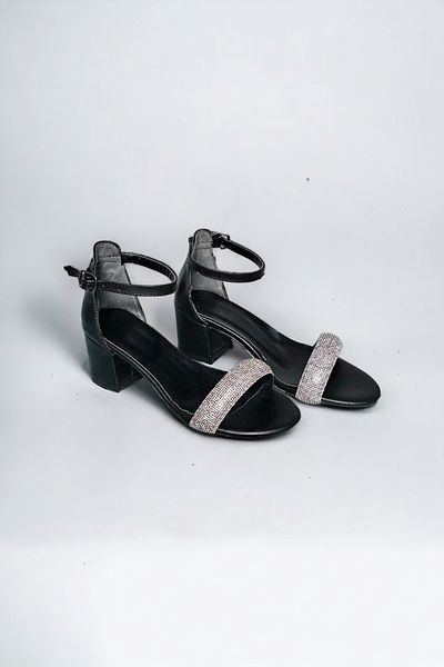 MİYA Women's Single Band Gray Silver Shiny Stone Thick Heeled Black Evening Dress Sandals