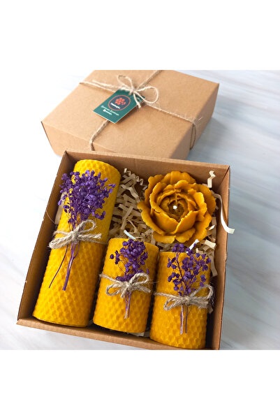 Petekoğlu Balmumu Mum Dekoratif Hediye Kutusu 4 Lü Set Doğal Petek Beeswax Candle