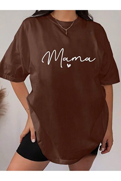 over head oh Γυναικείο μπλουζάκι καφέ Mama Printed Oversize