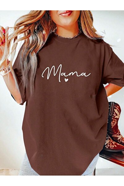 over head oh Γυναικείο μπλουζάκι καφέ Mama Printed Oversize