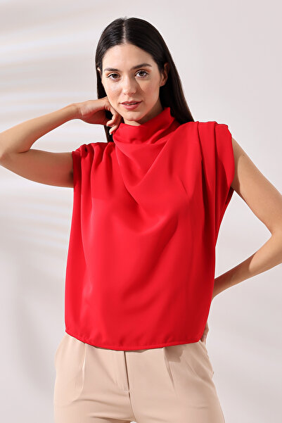 Butik Beyza Women's Degaje Collar Flowing Blouse with Padded Shoulders