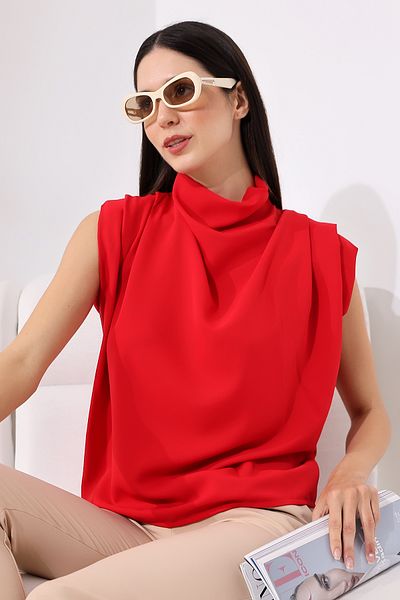 Butik Beyza Women's Degaje Collar Flowing Blouse with Padded Shoulders