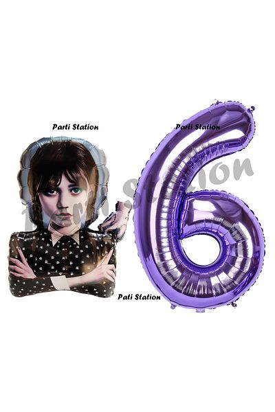 Parti Station Wednesday 6 Year Old Birthday Balloon and Purple Number Party Set - Addams Balloon