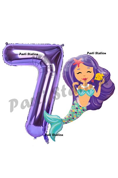Parti Station Mermaid Balloon and Purple Number Party Balloon Set for 7 Years Old Mermaid