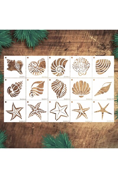 STENCİLTASARIM Stencil Tasarım DN024 Deniz Temalı 10x10cm , 15 li stencil seti  SET:23   Duvar Ahşap Boyama Desen K