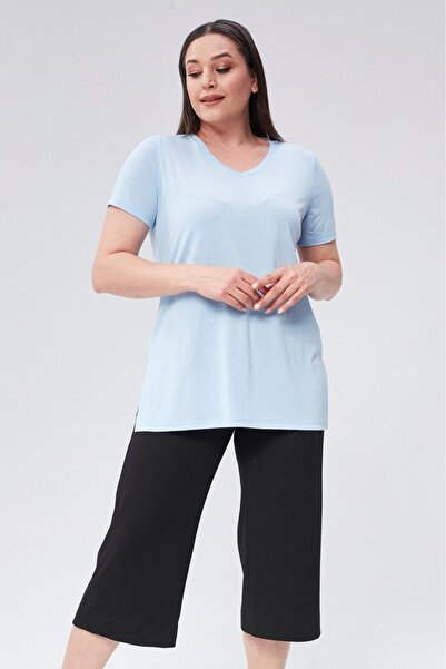 Seamoda Μπλουζάκι Basic Βαμβακερό με λαιμόκοψη σε μεγάλο μέγεθος-ΜΠΛΕ