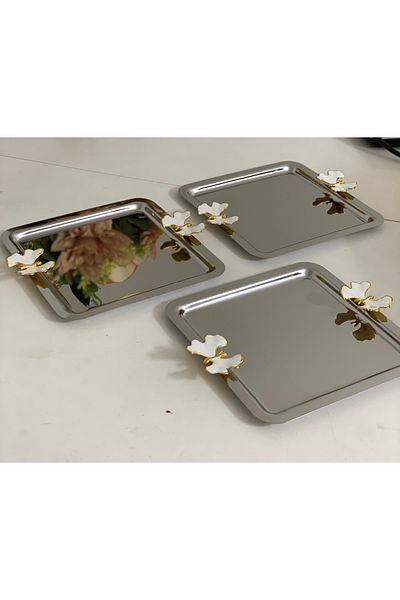 Elzemm store STAINLESS STEEL SQUARE 6 PIECES PRESENT TABLE WITH DOUBLE SIDES WHITE BUTTERFLY