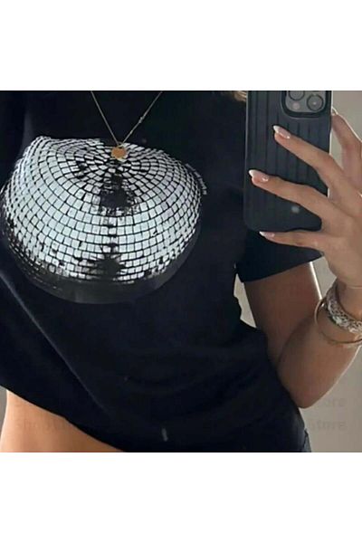 Touz Moda Vintage Disco Ball Printed Crop Μπλούζα