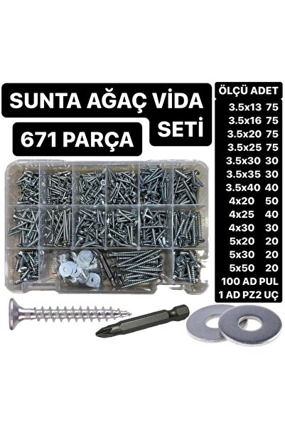 ACAR CİVATA 671 Adet Sunta Ağaç Vidası Pul Ve Uç Seti