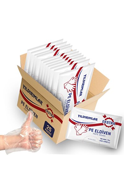 YILDIRIMLAR Pe Extra Tek Kullanımlık Şeffaf Eldiven 100 Lü X 25 Paket