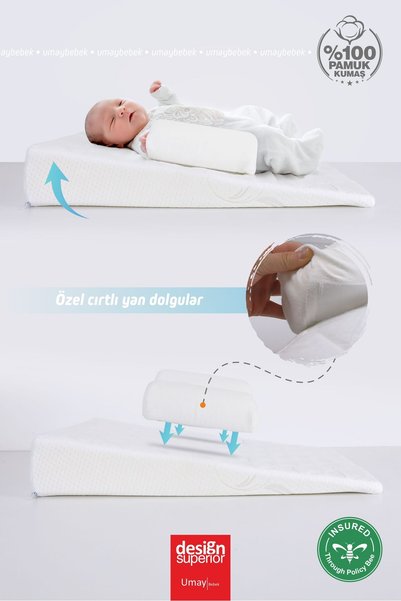 Umaybebek Baby Reflux Bed, Zippered, Washable Cover, Mattress, 100% Cotton Fabric + Pit Head Pillow