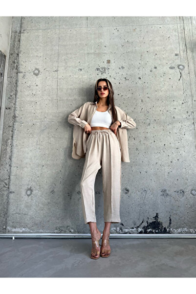 LECTUEL طقم قميص كتان كبير الحجم للسيدات باللون البيج