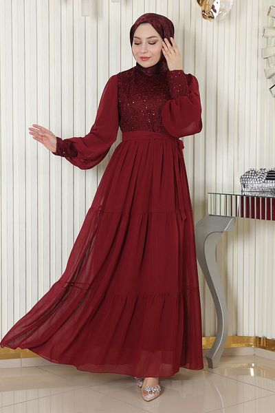 Modamihram Sequined Chiffon Evening Dress Claret Red 19187