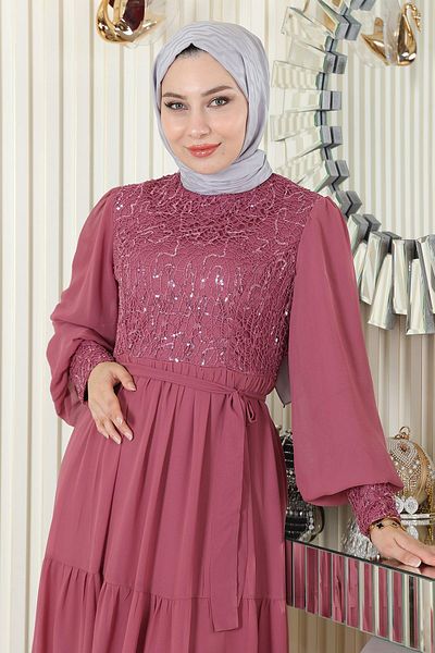 Modamihram Sequined Chiffon Evening Dress Dried Rose 19187