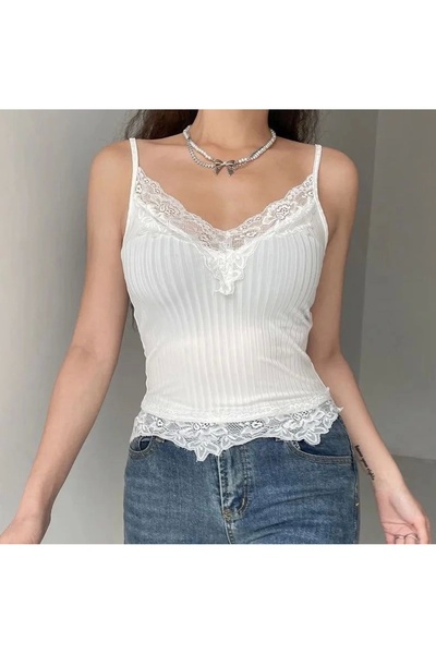 DarkellaStore Dantelli Askılı Beyaz Crop T-Shirt