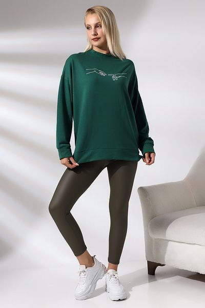 Ladies Hanorac lung cu fantă brodat 21173 Verde închis