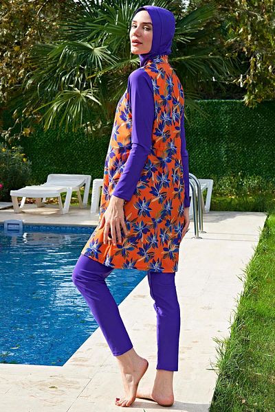 Ruko Maio Women's Zippered Lycra Woven Purple Full Hijab Swimsuit C1T2N4O2