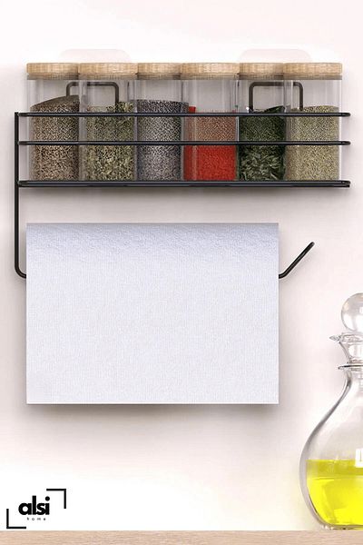 ALSİ HOME Paper Roll Towel Holder with Adhesive Shelf Napkin Holder Towel Paper Holder Black Bathroom Kitchen Organizer Shelf