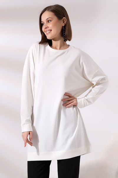 Ladies Cotton Lycra Compact Long Sleeve Casual Tunic with Cuffs 19186 Ecru