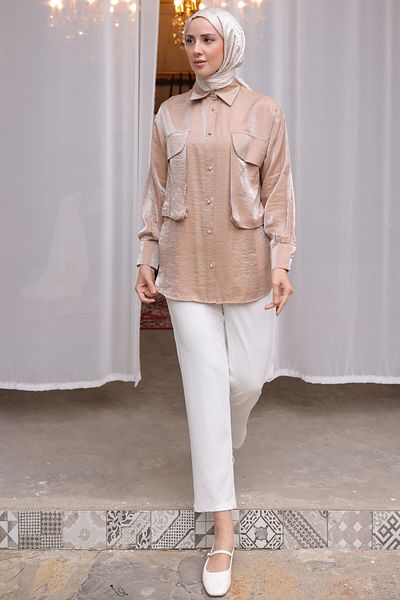 benguen Women's Large Pocket Detailed Shirt 2081 Mink
