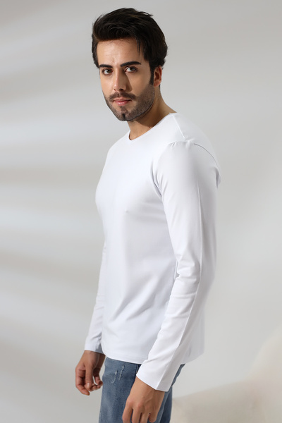 RUN RUN Συμπαγές χτενισμένο βαμβακερό Lycra Regular Fit Μακρυμάνικο T-shirt με λαιμόκοψη V 19647 Λευκό