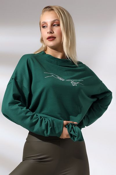 Ladies Hanorac lung cu fantă brodat 21173 Verde închis