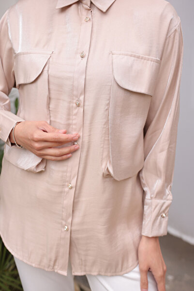 benguen Women's Big Pocket Detailed Shirt 2081 Beige
