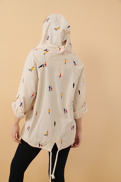 Asist Hooded Zippered Little Man Printed Ecru Loose Jacket - 0398