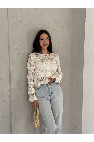gozdefashion Women's Leaf Pattern Detailed Openwork Sweater