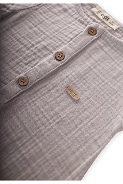 Cigit Placket Muslin Jumpsuit 0-3 Years Light Gray