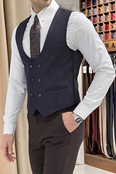 NAZEF Navy Blue Double Breasted Wool Vest - Slim Fit and Self Patterned