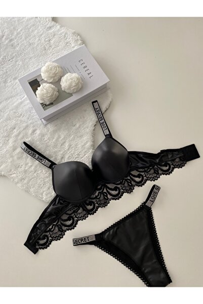 Genel Markalar Siyah Dantelli Taşlı Dolgulu Deri Sütyen Takımı