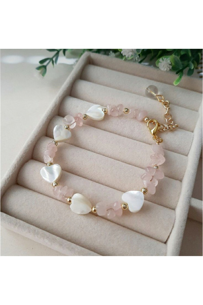 BETİLA Gerçek Pembe Kuvars Kalpli Sedef Doğal Taşlı Bileklik