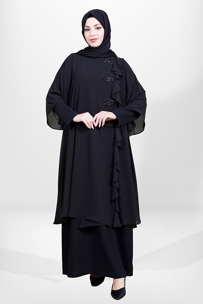 Beyza 5593 Μοντέλο Hijab Stone Λεπτομερές μαύρο φόρεμα