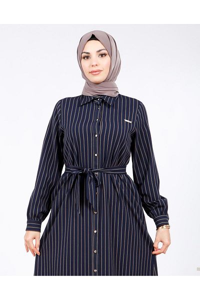 Beyza Χειμερινό φόρεμα με ρίγες Navy Blue - 5559