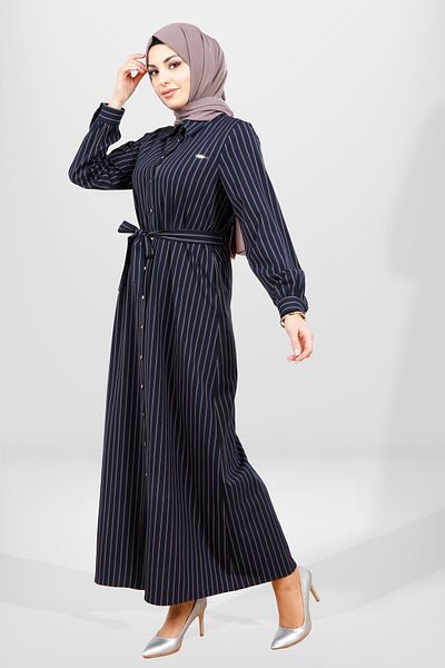 Beyza Χειμερινό φόρεμα με ρίγες Navy Blue - 5559