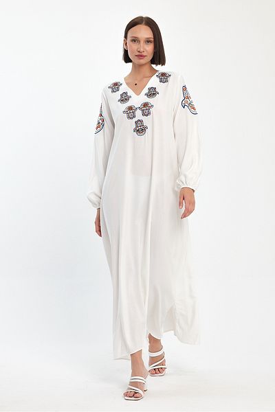 Denismoda Women's V-Neck Embroidery Detailed Balloon Sleeve Long Viscose Dress