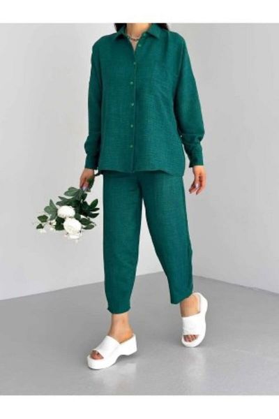 ZoeFlower Women's Double Linen Shirt Trousers Bottom Top Set Drawstring