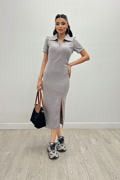 giyimmasalı Crepe Fabric Collar Zipper Detailed Pencil Dress - GRAY