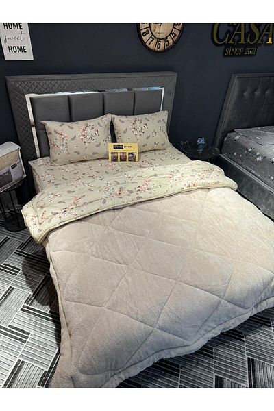 tekstildiyarı Beige Ethnic Welsoft Puffy Double and Reversible Quilt Set