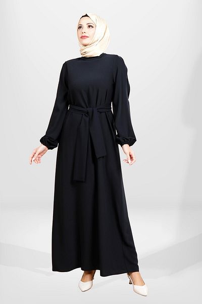 Beyza 5545 Μοντέλο - Μαύρο Χιτζάμπ Φόρεμα με Μανίκια