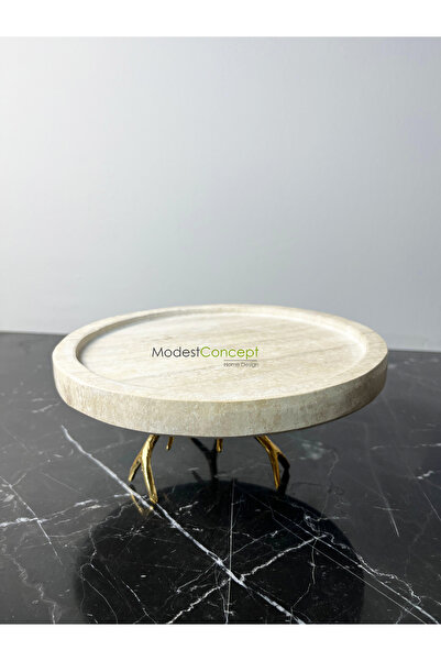 Modestmar Marble Travertine Round Tray - LIMETRA with Presentation Stand
