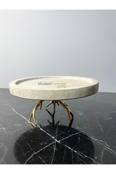 Modestmar Marble Travertine Round Tray - LIMETRA with Presentation Stand