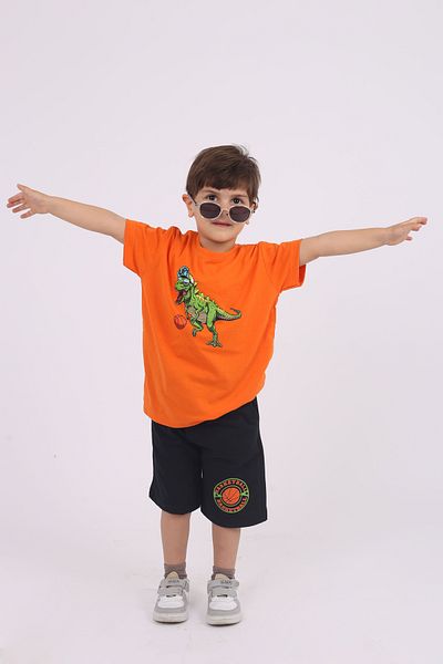YAĞTU COLLECTİON Raised Basketball player dinosaur printed pocket cotton boys summer bottom top suit