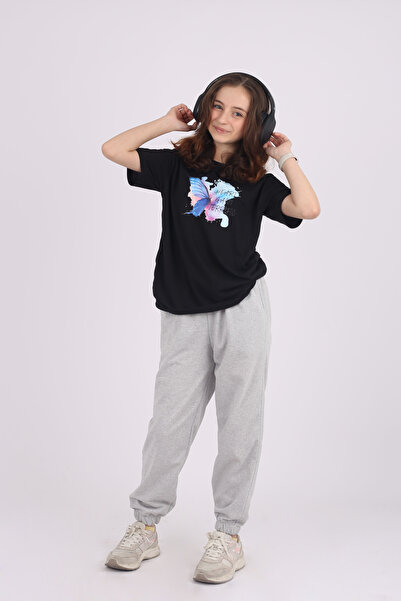 YAĞTU COLLECTİON Butterfly Printed Girl's Top and Bottom Tracksuit Set with E...