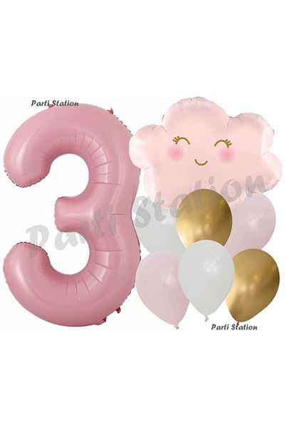 Parti Station 3 Year Old Birthday Pink Cloud Rainbow Balloon Set