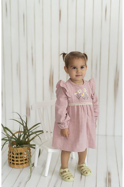 Kirazkids Μακρυμάνικο μουσελίνα φόρεμα Rosie - Ροζ