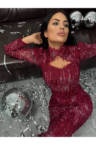 1Moda1Tarz Kadın Kırmızı Saçaklı Pul Payet Kumaş Tasarım Elbise