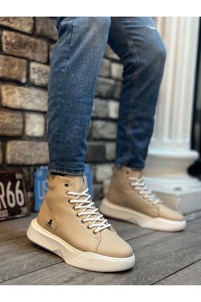BOA BA0155 Lace-Up Men's High Sole Cream White Sole Sports Boots